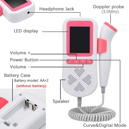 Upgraded 3.0MHz Doppler Fetal Heart rate Monitor Home Pregnancy Baby Fetal Sound Heart Rate Detector LCD Display No Radiation