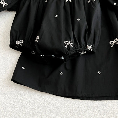 Vestido ou Romper Bordado e com Laços / Baby Girls Long Sleeve Sweet Embroider Sisters Rompers Spring Autumn Kids Baby Girls Children Clothes Dress