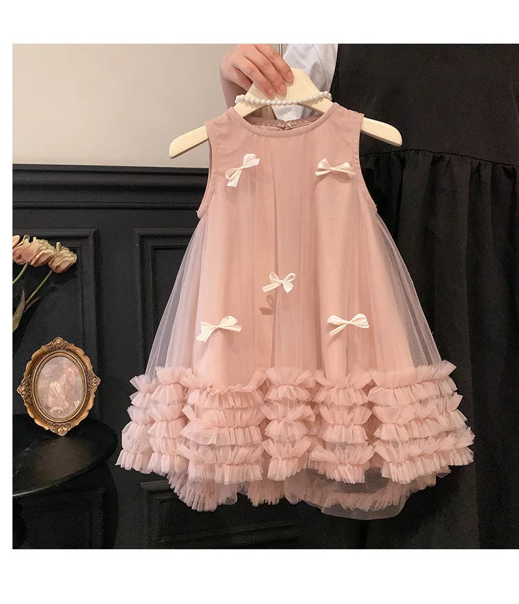 Vestido Tule com Laços Tendencia Girls Casual Dresses Sleeveless Stereoscopic Bow Mesh Dress Toddler Girl Clothes Kids Dresses for Girls 2 To 8 Years