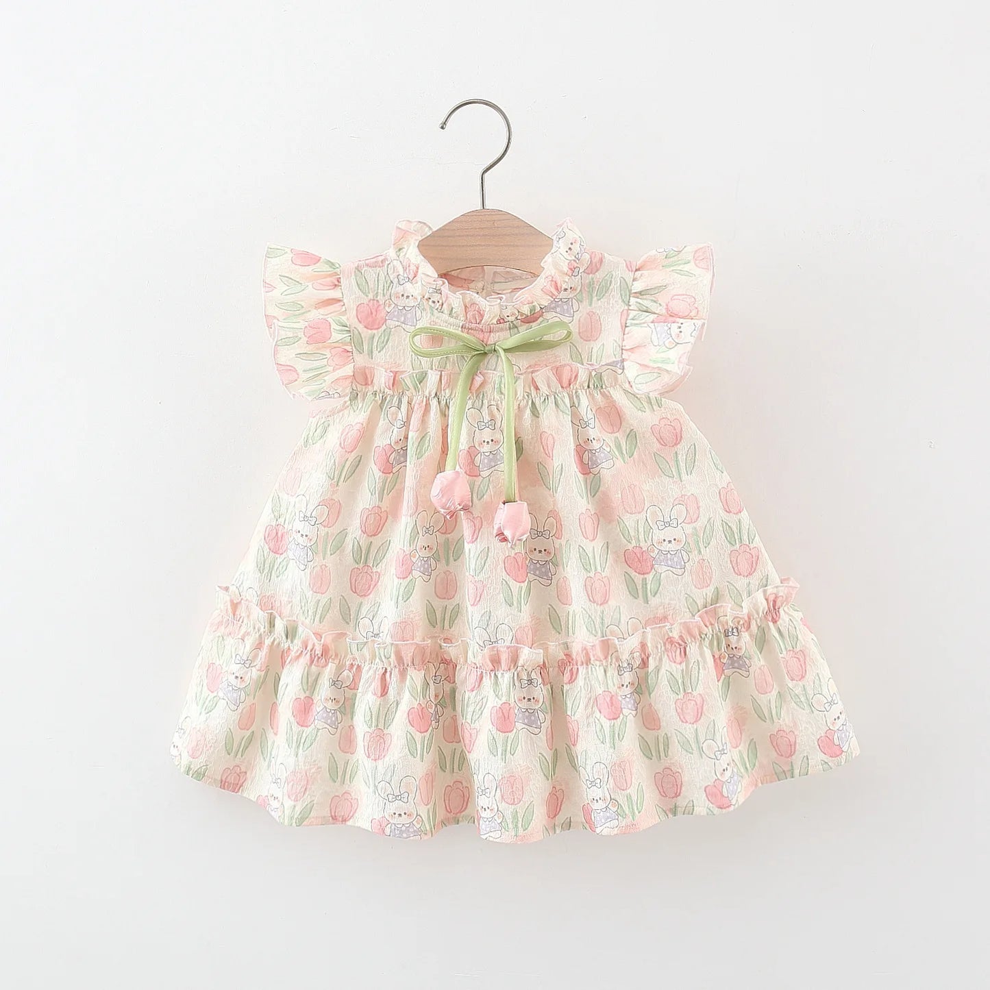 Vestido Tulipas Florido Summer Covered In Tulip Flowers Rabbit Little Flying Sleeve Dress For Kids Girl Cute Princess Dress For Baby Kids