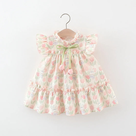 Vestido Tulipas Florido Summer Covered In Tulip Flowers Rabbit Little Flying Sleeve Dress For Kids Girl Cute Princess Dress For Baby Kids