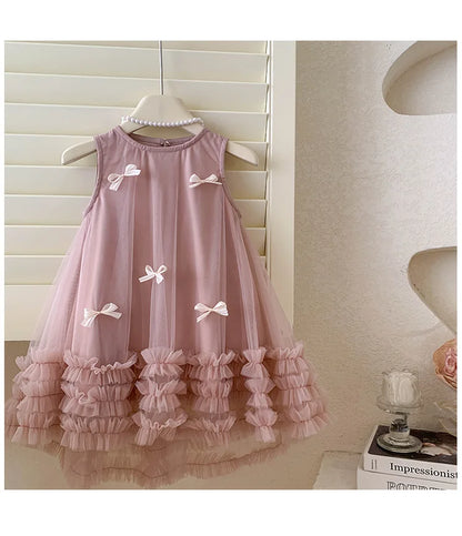 Vestido Tule com Laços Tendencia Girls Casual Dresses Sleeveless Stereoscopic Bow Mesh Dress Toddler Girl Clothes Kids Dresses for Girls 2 To 8 Years