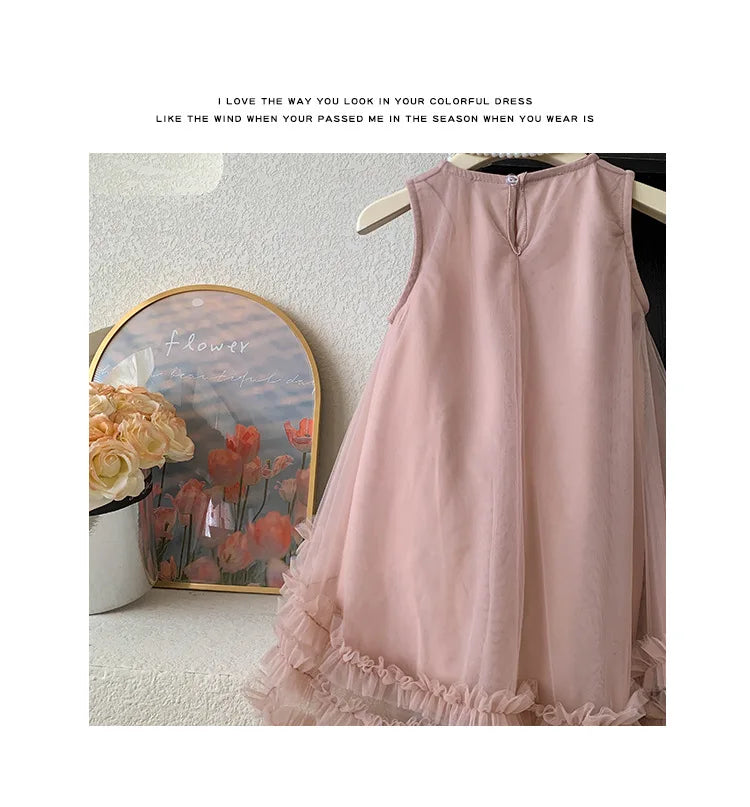 Vestido Tule com Laços Tendencia Girls Casual Dresses Sleeveless Stereoscopic Bow Mesh Dress Toddler Girl Clothes Kids Dresses for Girls 2 To 8 Years