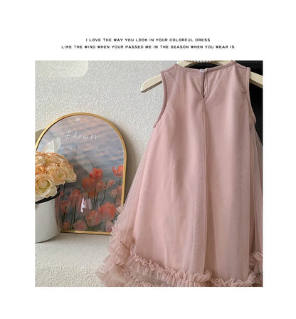 Vestido Tule com Laços Tendencia Girls Casual Dresses Sleeveless Stereoscopic Bow Mesh Dress Toddler Girl Clothes Kids Dresses for Girls 2 To 8 Years