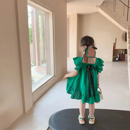 Vestido para meninas Com Laço e Manga Bufantes