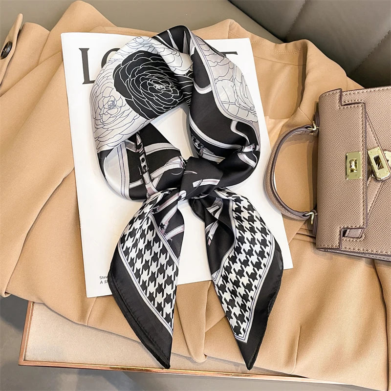 Lenço de Seda Luxo/ Luxury Brand Silk Square Plaid Scarf Women Satin Neck Hair Tie Band Soft work