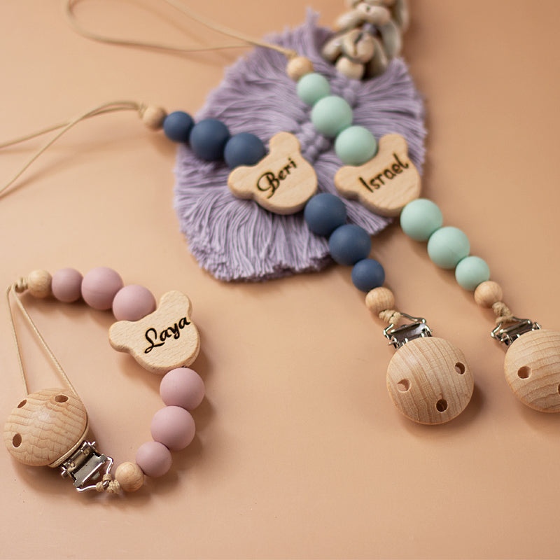 "Corrente Personalizada para Chupeta – Nome em Madeira e Contas de Silicone, Presente para Bebês