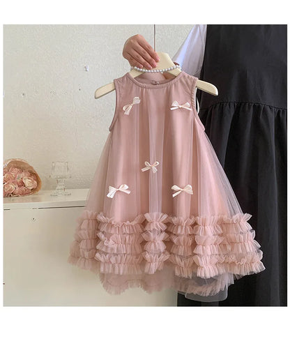 Vestido Tule com Laços Tendencia Girls Casual Dresses Sleeveless Stereoscopic Bow Mesh Dress Toddler Girl Clothes Kids Dresses for Girls 2 To 8 Years