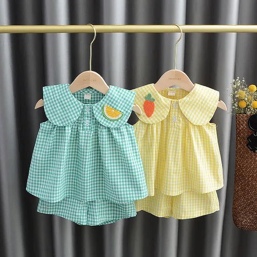 Conjuntos verão bebê menina bonito Fruta algodão meninas xadrez doce princesa 2 pçs terno crianças roupas crianças vestidos