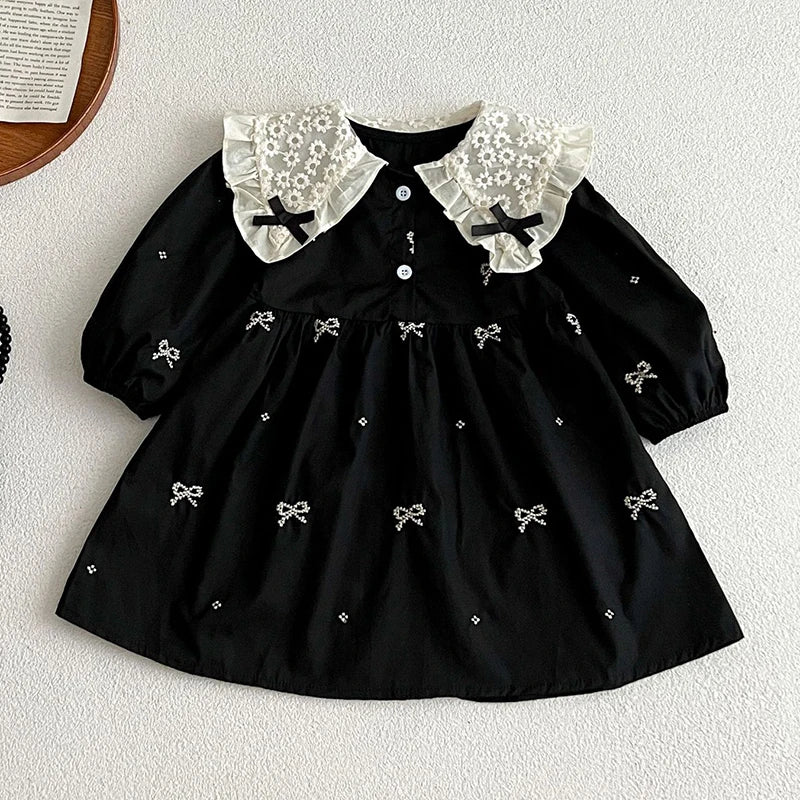 Vestido ou Romper Bordado e com Laços / Baby Girls Long Sleeve Sweet Embroider Sisters Rompers Spring Autumn Kids Baby Girls Children Clothes Dress