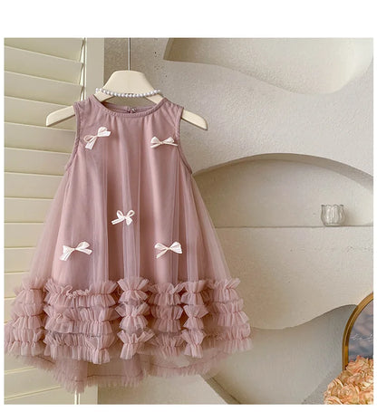 Vestido Tule com Laços Tendencia Girls Casual Dresses Sleeveless Stereoscopic Bow Mesh Dress Toddler Girl Clothes Kids Dresses for Girls 2 To 8 Years