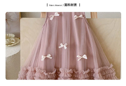 Vestido Tule com Laços Tendencia Girls Casual Dresses Sleeveless Stereoscopic Bow Mesh Dress Toddler Girl Clothes Kids Dresses for Girls 2 To 8 Years