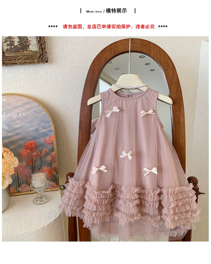 Vestido Tule com Laços Tendencia Girls Casual Dresses Sleeveless Stereoscopic Bow Mesh Dress Toddler Girl Clothes Kids Dresses for Girls 2 To 8 Years