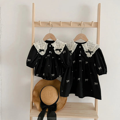 Vestido ou Romper Bordado e com Laços / Baby Girls Long Sleeve Sweet Embroider Sisters Rompers Spring Autumn Kids Baby Girls Children Clothes Dress