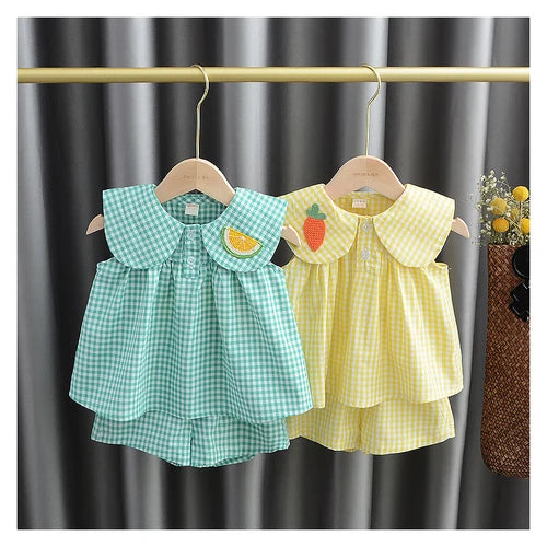 Conjuntos verão bebê menina bonito Fruta algodão meninas xadrez doce princesa 2 pçs terno crianças roupas crianças vestidos