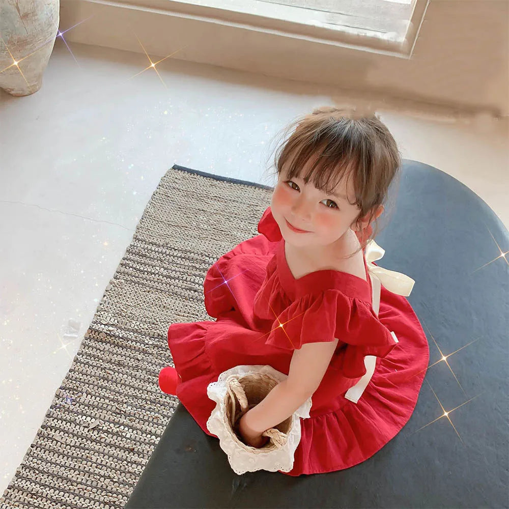 Vestido para meninas Com Laço e Manga Bufantes