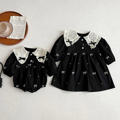 Vestido ou Romper Bordado e com Laços / Baby Girls Long Sleeve Sweet Embroider Sisters Rompers Spring Autumn Kids Baby Girls Children Clothes Dress