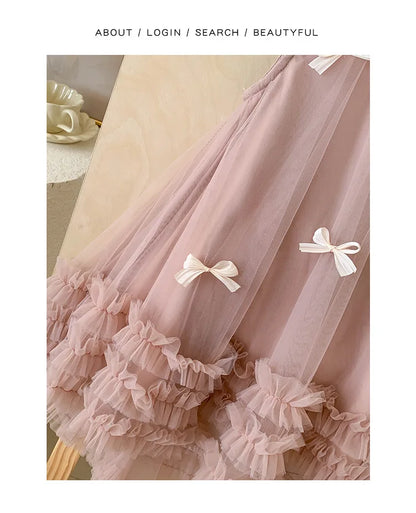 Vestido Tule com Laços Tendencia Girls Casual Dresses Sleeveless Stereoscopic Bow Mesh Dress Toddler Girl Clothes Kids Dresses for Girls 2 To 8 Years