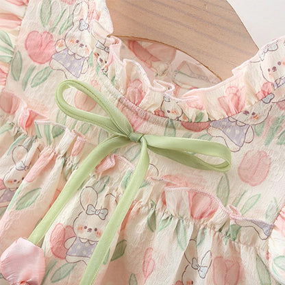 Vestido Tulipas Florido Summer Covered In Tulip Flowers Rabbit Little Flying Sleeve Dress For Kids Girl Cute Princess Dress For Baby Kids