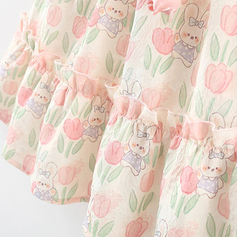 Vestido Tulipas Florido Summer Covered In Tulip Flowers Rabbit Little Flying Sleeve Dress For Kids Girl Cute Princess Dress For Baby Kids