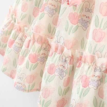 Vestido Tulipas Florido Summer Covered In Tulip Flowers Rabbit Little Flying Sleeve Dress For Kids Girl Cute Princess Dress For Baby Kids