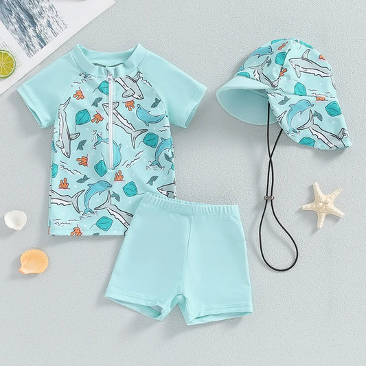 3PCS Kids Baby Swimsuit Bikini Set Fashion Summer Shark Print Zipper Short Sleeve Rash Guard Swim Trunks Hat Swimwear Beachwear