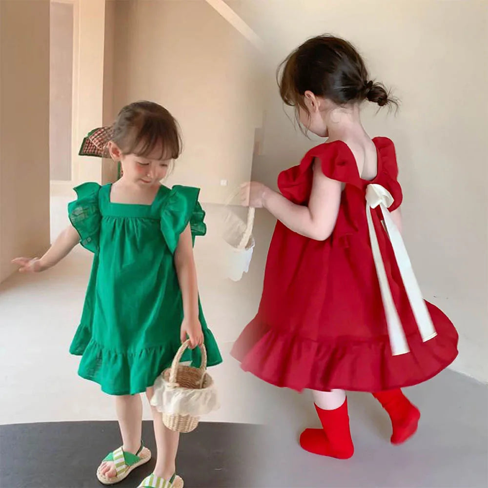 Vestido para meninas Com Laço e Manga Bufantes