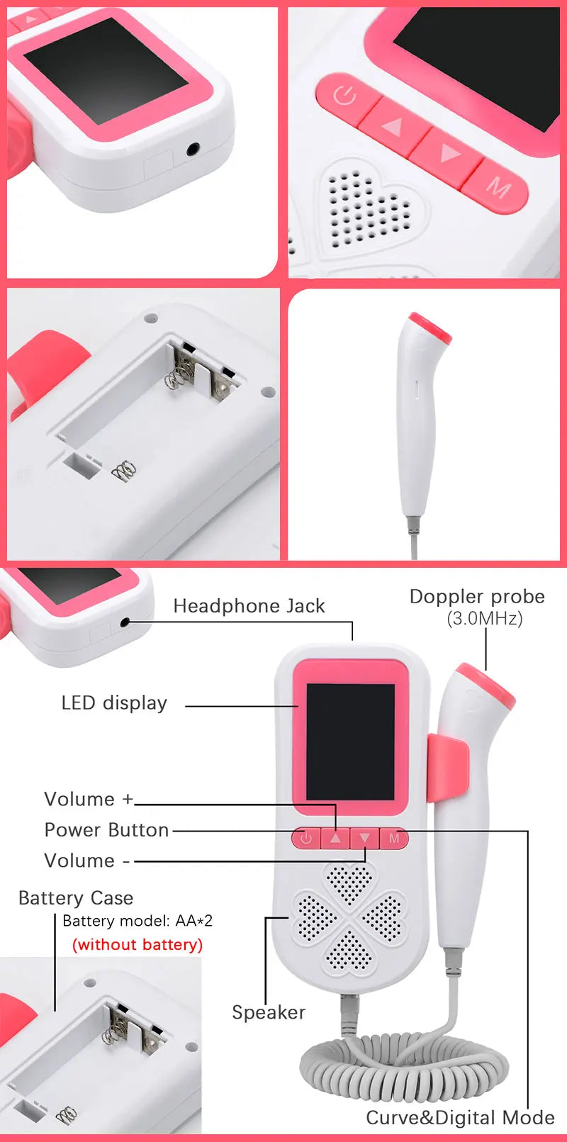 Upgraded 3.0MHz Doppler Fetal Heart rate Monitor Home Pregnancy Baby Fetal Sound Heart Rate Detector LCD Display No Radiation