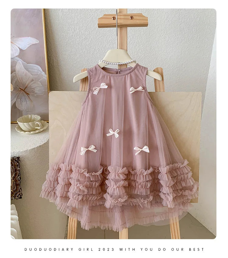 Vestido Tule com Laços Tendencia Girls Casual Dresses Sleeveless Stereoscopic Bow Mesh Dress Toddler Girl Clothes Kids Dresses for Girls 2 To 8 Years