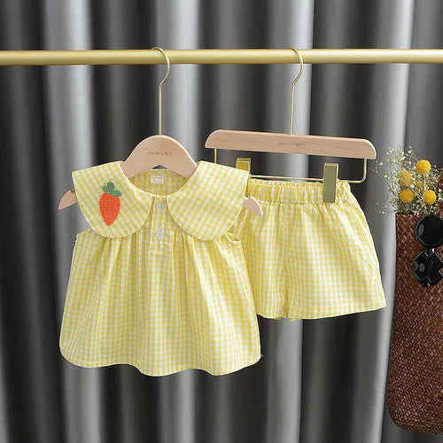 Conjuntos verão bebê menina bonito Fruta algodão meninas xadrez doce princesa 2 pçs terno crianças roupas crianças vestidos