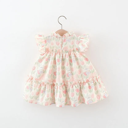 Vestido Tulipas Florido Summer Covered In Tulip Flowers Rabbit Little Flying Sleeve Dress For Kids Girl Cute Princess Dress For Baby Kids