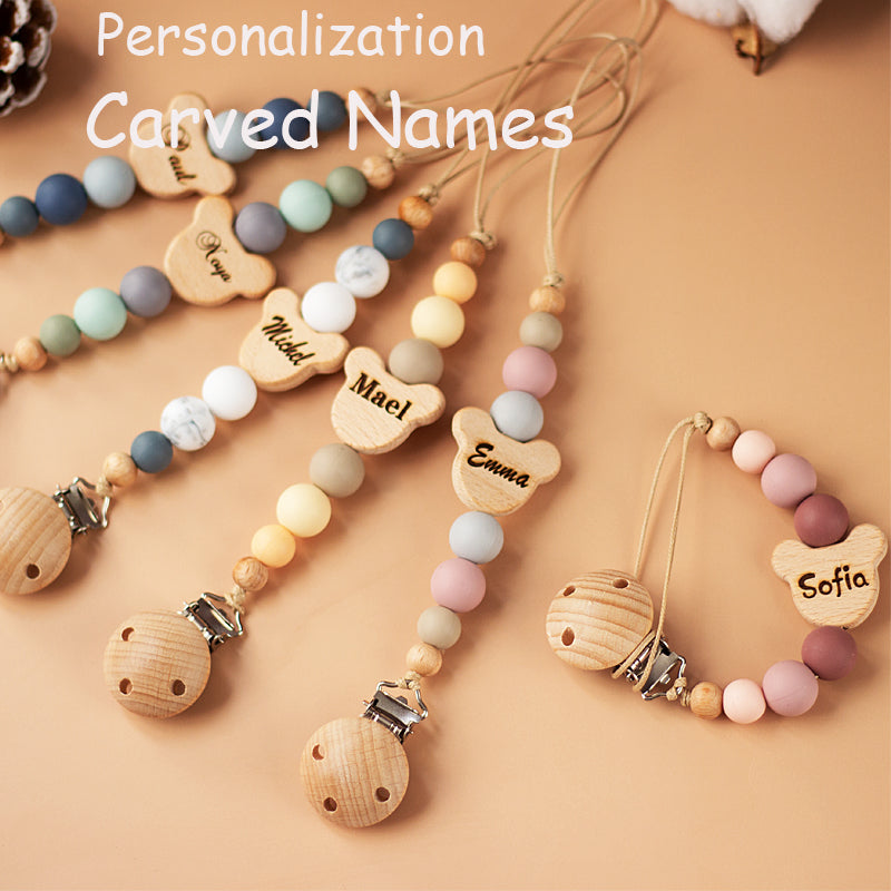 "Corrente Personalizada para Chupeta – Nome em Madeira e Contas de Silicone, Presente para Bebês