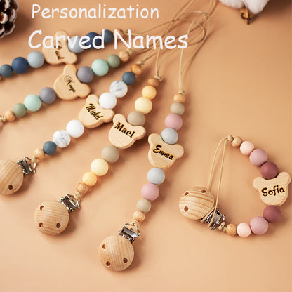"Corrente Personalizada para Chupeta – Nome em Madeira e Contas de Silicone, Presente para Bebês
