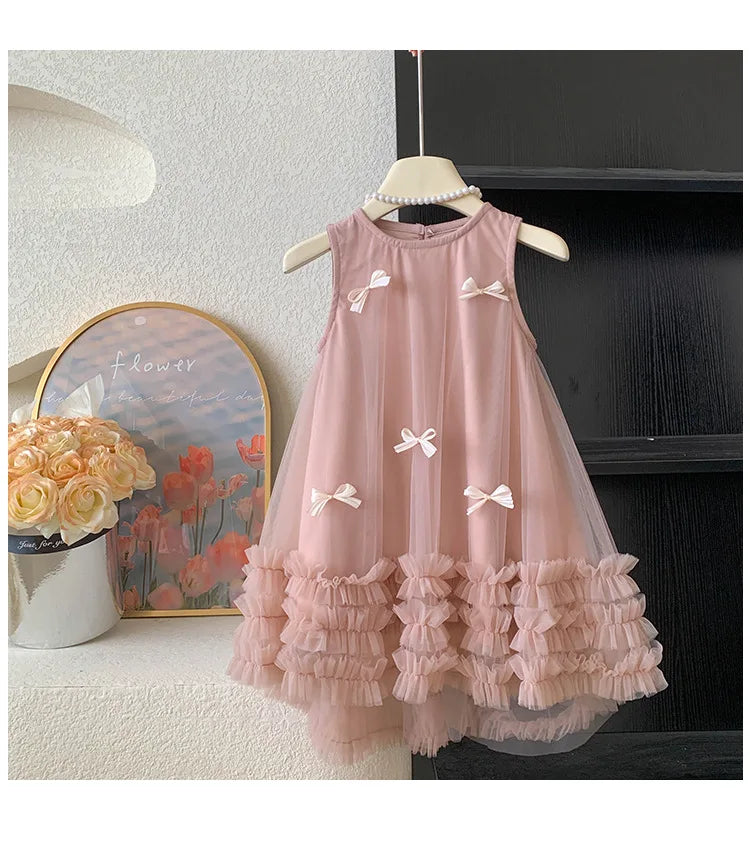Vestido Tule com Laços Tendencia Girls Casual Dresses Sleeveless Stereoscopic Bow Mesh Dress Toddler Girl Clothes Kids Dresses for Girls 2 To 8 Years