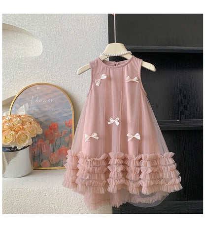 Vestido Tule com Laços Tendencia Girls Casual Dresses Sleeveless Stereoscopic Bow Mesh Dress Toddler Girl Clothes Kids Dresses for Girls 2 To 8 Years