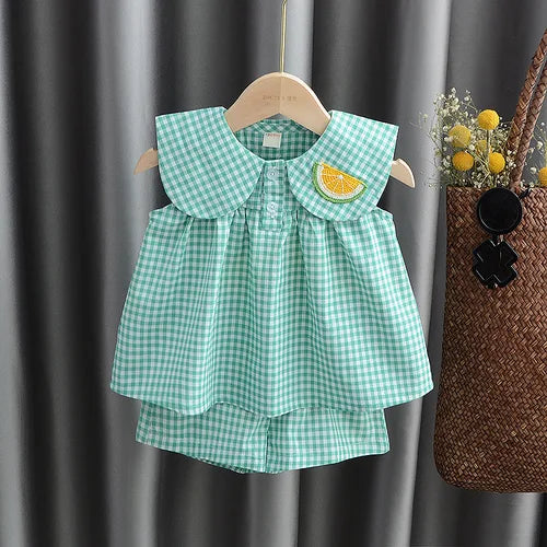 Conjuntos verão bebê menina bonito Fruta algodão meninas xadrez doce princesa 2 pçs terno crianças roupas crianças vestidos