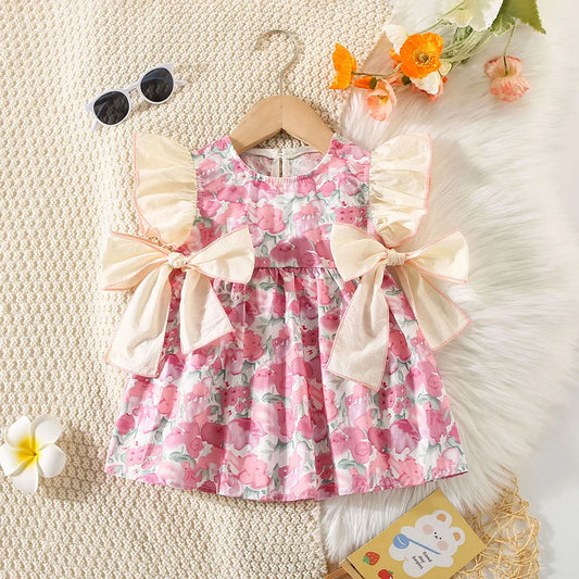 Vestido laços floral bebê Summer New Girl Baby Dress Ladies Style Bow Small Flying Sleeves Folded Hand Painted Feng Shui Pink Flower Sweet Princess Dress