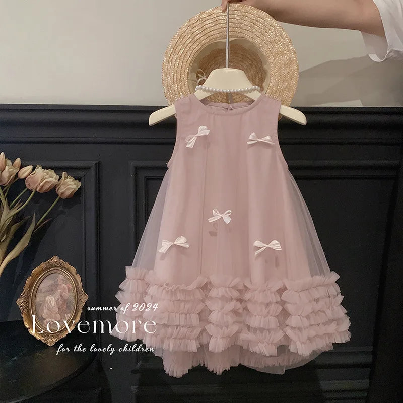 Vestido Tule com Laços Tendencia Girls Casual Dresses Sleeveless Stereoscopic Bow Mesh Dress Toddler Girl Clothes Kids Dresses for Girls 2 To 8 Years