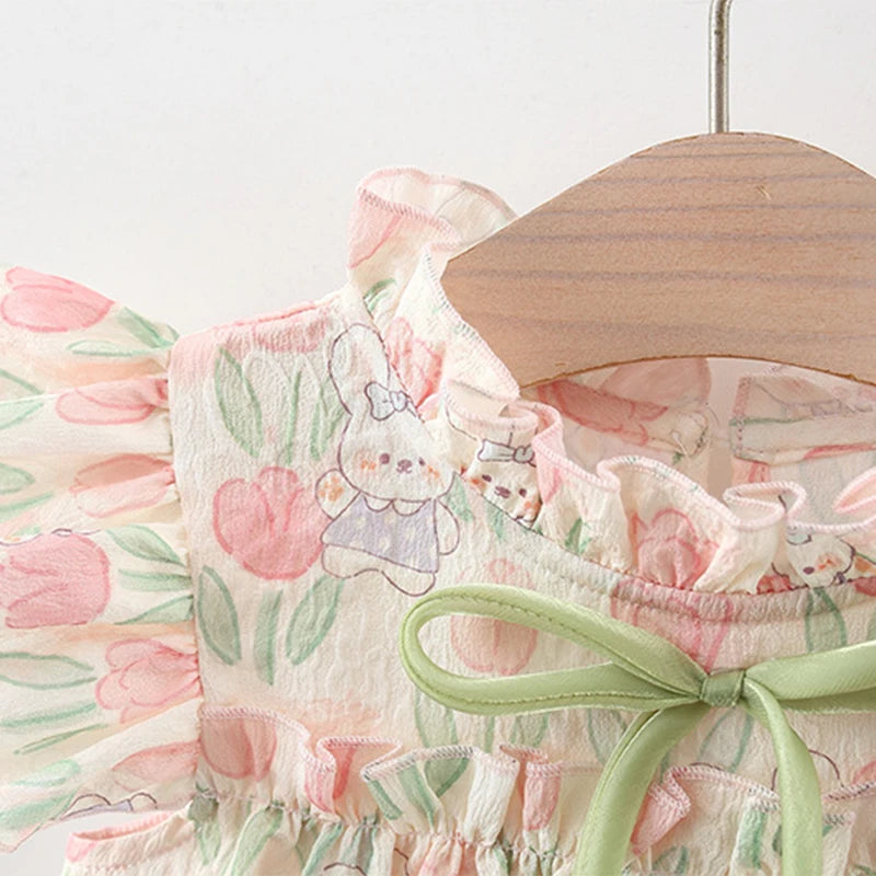Vestido Tulipas Florido Summer Covered In Tulip Flowers Rabbit Little Flying Sleeve Dress For Kids Girl Cute Princess Dress For Baby Kids