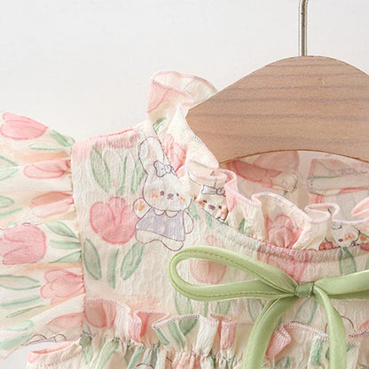 Vestido Tulipas Florido Summer Covered In Tulip Flowers Rabbit Little Flying Sleeve Dress For Kids Girl Cute Princess Dress For Baby Kids