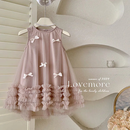 Vestido Tule com Laços Tendencia Girls Casual Dresses Sleeveless Stereoscopic Bow Mesh Dress Toddler Girl Clothes Kids Dresses for Girls 2 To 8 Years