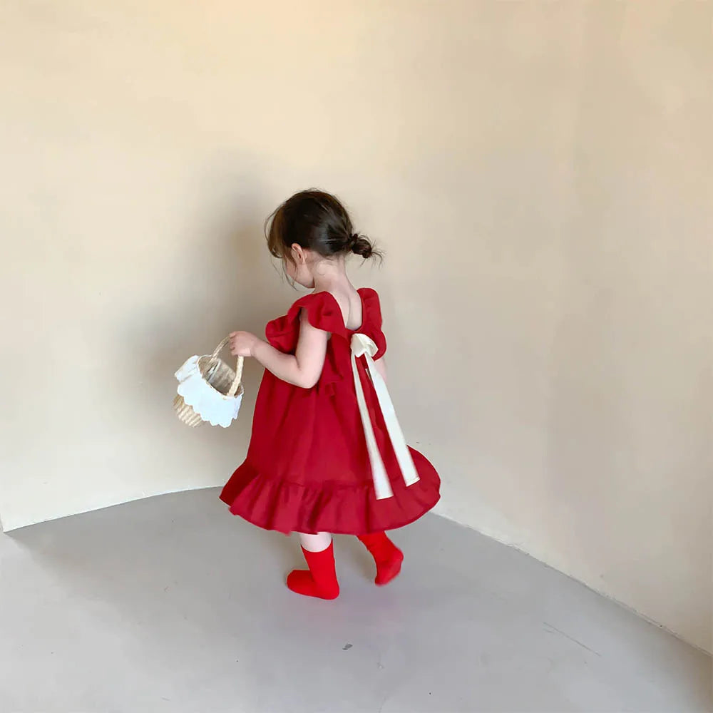 Vestido para meninas Com Laço e Manga Bufantes