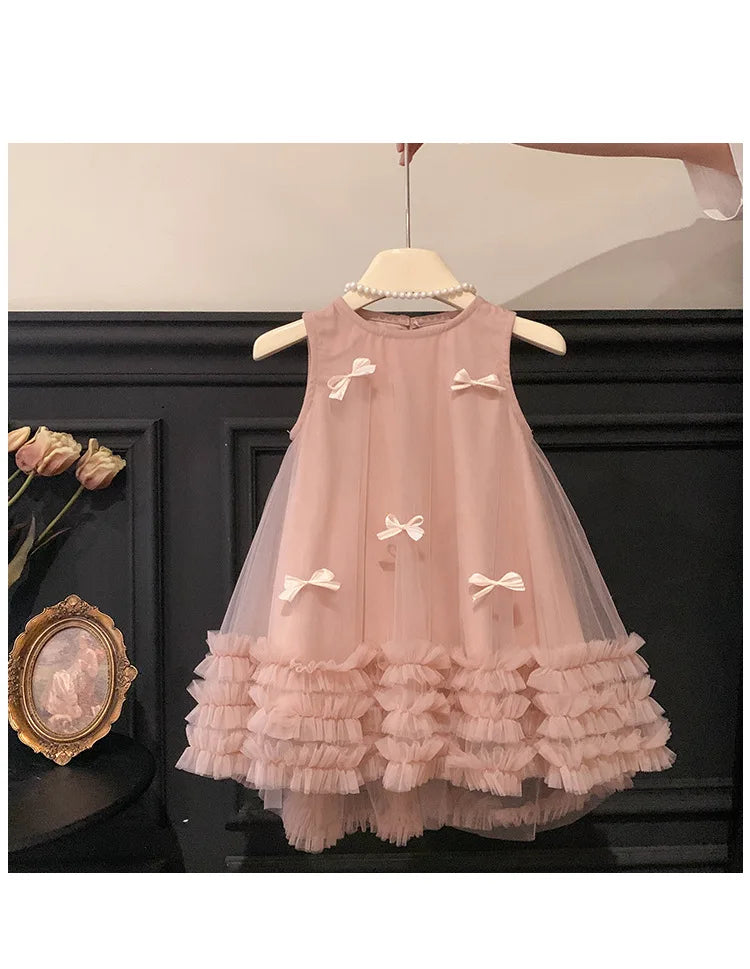 Vestido Tule com Laços Tendencia Girls Casual Dresses Sleeveless Stereoscopic Bow Mesh Dress Toddler Girl Clothes Kids Dresses for Girls 2 To 8 Years