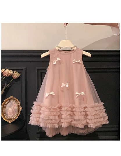 Vestido Tule com Laços Tendencia Girls Casual Dresses Sleeveless Stereoscopic Bow Mesh Dress Toddler Girl Clothes Kids Dresses for Girls 2 To 8 Years