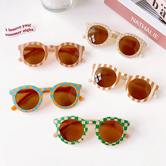 2023 New Children Cute Checker Panel Color Round UV400 Sunglasses Baby Girls Outdoor Sun Protection Sunglasses Kid Sun Glasses