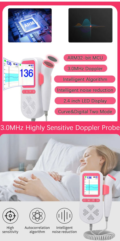 Upgraded 3.0MHz Doppler Fetal Heart rate Monitor Home Pregnancy Baby Fetal Sound Heart Rate Detector LCD Display No Radiation