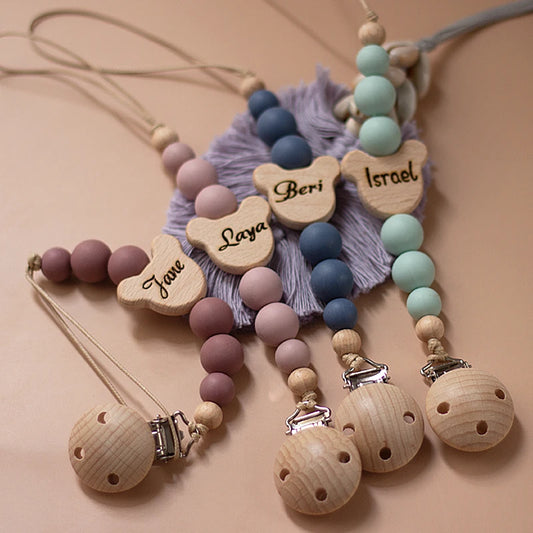"Corrente Personalizada para Chupeta – Nome em Madeira e Contas de Silicone, Presente para Bebês