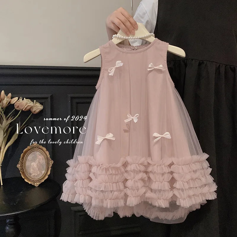 Vestido Tule com Laços Tendencia Girls Casual Dresses Sleeveless Stereoscopic Bow Mesh Dress Toddler Girl Clothes Kids Dresses for Girls 2 To 8 Years