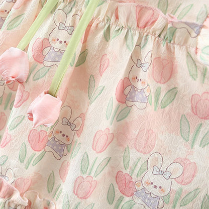 Vestido Tulipas Florido Summer Covered In Tulip Flowers Rabbit Little Flying Sleeve Dress For Kids Girl Cute Princess Dress For Baby Kids