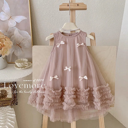 Vestido Tule com Laços Tendencia Girls Casual Dresses Sleeveless Stereoscopic Bow Mesh Dress Toddler Girl Clothes Kids Dresses for Girls 2 To 8 Years